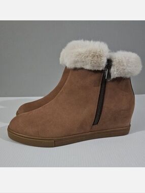 Linea Paolo Flossie Ankle Boot Womens 9 Coconut Tan Leather Wedge Sherpa Cuff